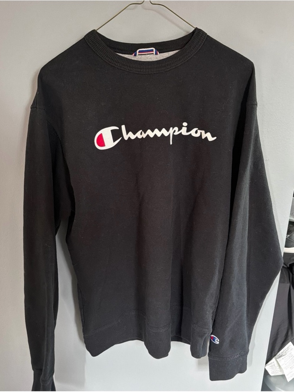 Champion Black Crewneck with White Script Logo and Red Accent